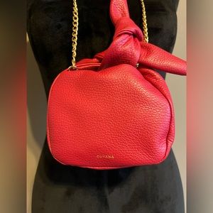 Cuyana tiny bow bag raspberry with gold chain strap
